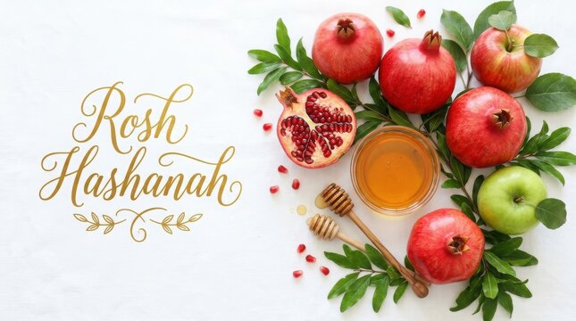Rosh hashanah greeting with pomegranates, apples, and honey isolated on white background