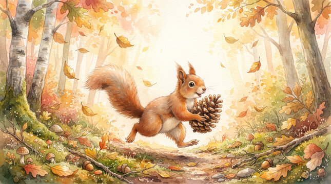 A cute watercolor illustration of a squirrel running through an autumn forest while carrying a large pinecone, surrounded by falling leaves