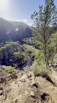 A beautiful panoramic view overlooking the meandering river below, along the Werribee Gorge Circuit Walk, near Melbourne, Victoria, Australia.