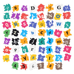 Fototapeta premium Ransom note alphabet and numbers set with jagged torn paper edges and colorful paper pieces letters