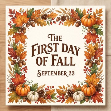 Autumn seasonal greeting card, The First Day of Fall September 22 typography, rustic botanical frame with pumpkins and leaves