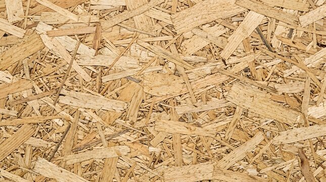 Close up view of a textured surface made of compressed wood chips and shavings on oriented strand board