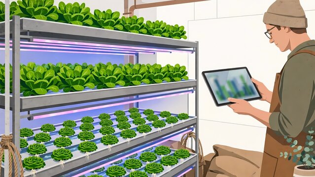 A modern indoor vertical farm showcases rows of vibrant, healthy lettuce grown under artificial lights, with a farmer using a tablet to monitor progress and yield.