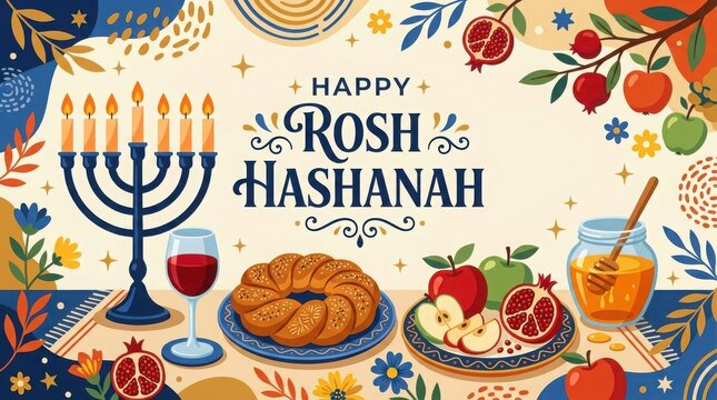 Happy rosh hashanah greeting card with challah bread, apples, honey, pomegranate and menorah