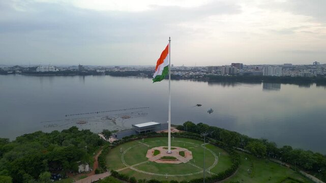 Indian flag flying over Hussain Sagar lake in Hyderabad