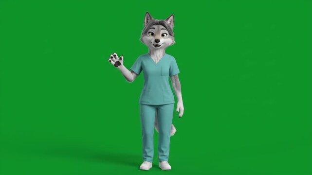 3D Cute Animation Female Wolf Nurse Character Waving Hello, Isolated on Green Screen Background