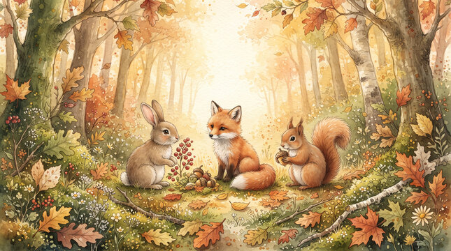 Cute forest animals including a rabbit, a fox, and a squirrel sitting together in a beautiful autumn woodland scene with fallen leaves