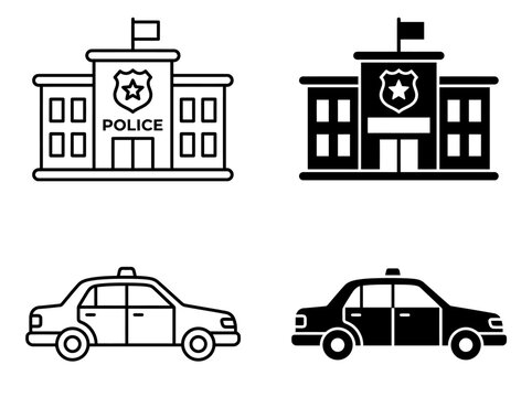 Police station and police car line and solid black vector icon set