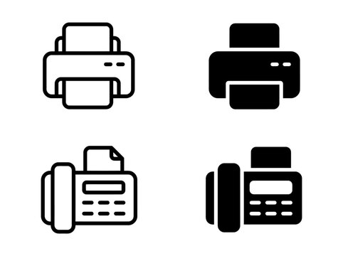 Set of printer and fax machine icons in linear and solid styles