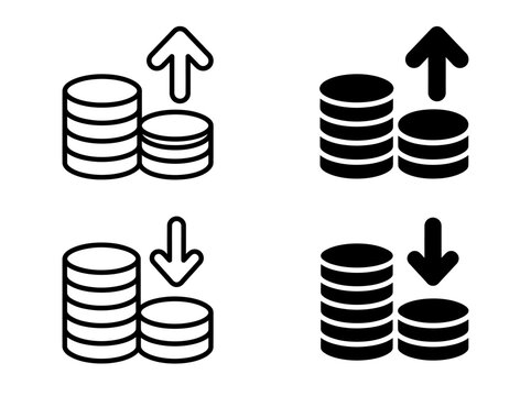 Set of coin stack icons showing financial growth and reduction with business