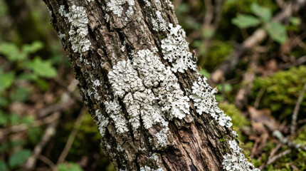 Fototapeta premium Textured tree bark with white lichen, natural forest wood background, organic mossy trunk detail in woodland setting Black Friday Special