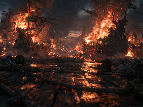 Fiery ancient wooden warships burn violently on dark choppy water, embers drift beneath storm clouds at dusk during naval battle.