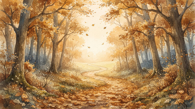 Watercolor painting of a serene autumn forest with a winding path and golden leaves falling, nature landscape