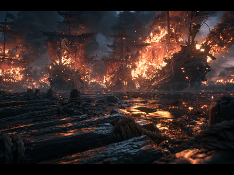 Fiery ancient wooden warships burn violently on dark choppy water, embers drift beneath storm clouds at dusk during naval battle.