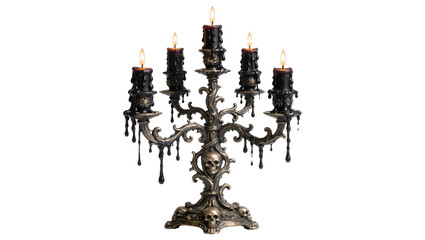 Ornate gothic candelabra with five dripping black candles and skull accents, isolated on transparent background