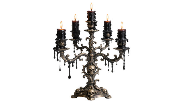 Ornate gothic candelabra with five dripping black candles and skull accents, isolated on transparent background