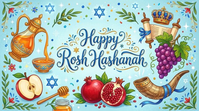 Happy rosh hashanah greeting card with traditional symbols like honey, apple, pomegranate, and shofar