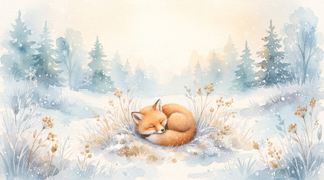 Cute little fox sleeping peacefully in a snowy winter forest landscape with soft watercolor trees