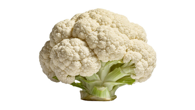 Fresh white cauliflower with green leaves, isolated on transparent background