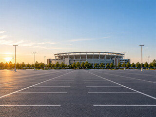 Fototapeta premium Completely vacant stadium parking lot with painted rows tall light poles trees and a large sports venue in the distance during warm sunset light showing quiet event infrastructure before crowds