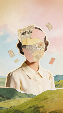 Surreal vintage paper collage portrait of woman with a dream