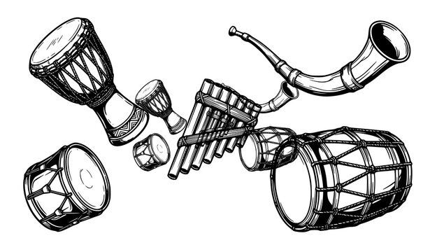 Traditional African Musical Instruments Black and White Line Art Vector Set with Drums Horn and Panpipe