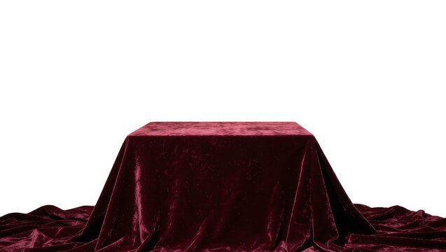 Square pedestal covered with rich burgundy velvet fabric, isolated on transparent background
