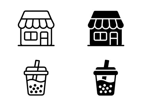 Collection of store building and bubble tea cup icons in flat design