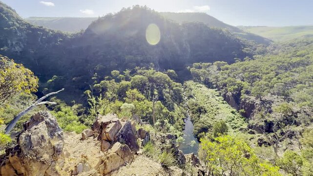 A beautiful panoramic view overlooking the meandering river below, along the Werribee Gorge Circuit Walk, near Melbourne, Victoria, Australia.