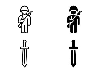 Obraz premium Armed soldier with rifle and classic sword icons for warfare concepts