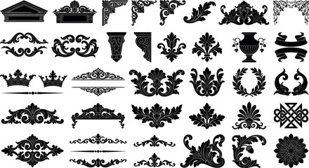 Mega bundle of black architectural vector elements vintage baroque crown ornaments classic corbel brackets and heraldic shield crest frames © MstAduri