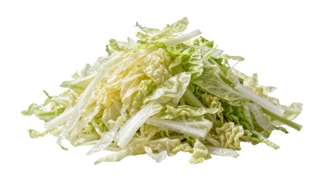 Chopped fresh napa cabbage leaves and stems, isolated on transparent background