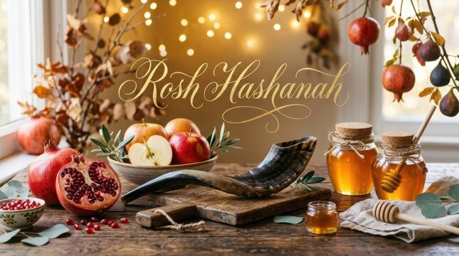 Rosh hashanah background with shofar, apples, pomegranate and honey