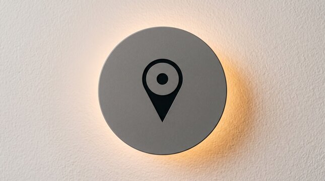 Location marker symbol illuminated on a wall, symbolizing a point of interest or navigation