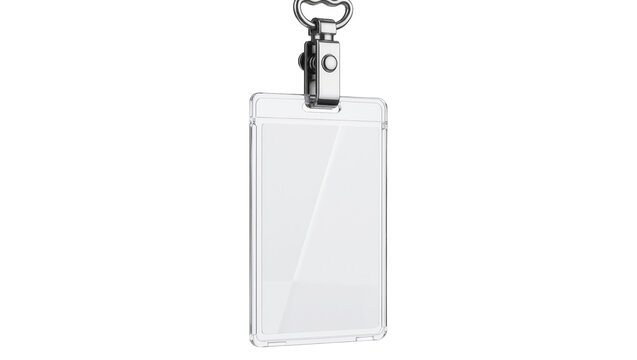 Clear plastic badge holder with metal clip and ring, isolated on transparent background