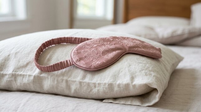 Pink floral sleep mask resting gently on a soft white bedroom pillow