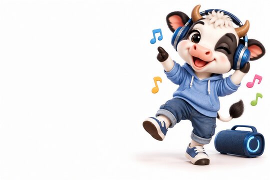 Cute Cow Dancing with Headphones and Speaker, 3D Cartoon Illustration