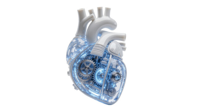 Mechanical heart with glowing blue gears and circuits, isolated on transparent background