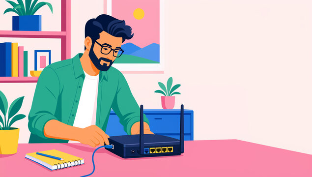 A focused man with glasses sitting at a desk in a colorful office, carefully plugging an ethernet cable into a wireless router to set up a home internet connection and network.