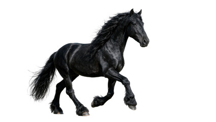 Majestic black Friesian horse with flowing mane and tail, isolated on transparent background © Freya