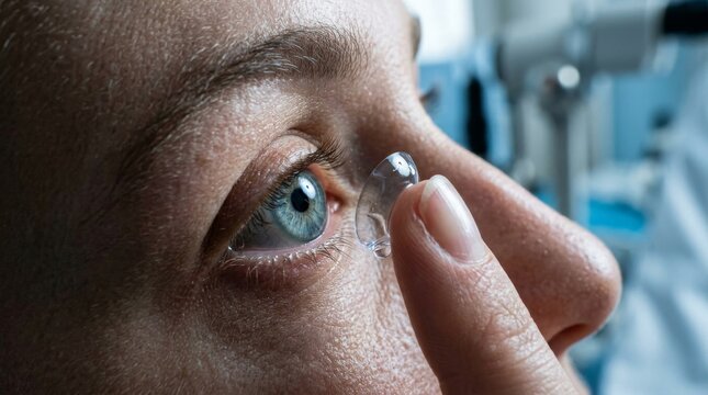 Close up of woman putting clear contact lens into her blue eye
