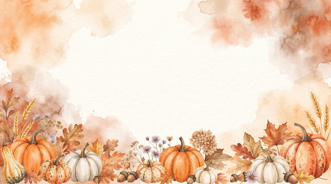 Watercolor autumn harvest background with pumpkins, leaves, and wheat