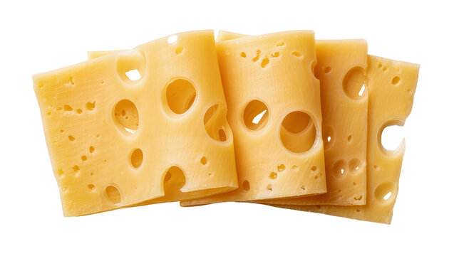 Several slices of Swiss cheese with large holes, isolated on transparent background