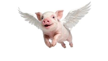 Pink piglet with white feathered wings flying, isolated on transparent background © Freya