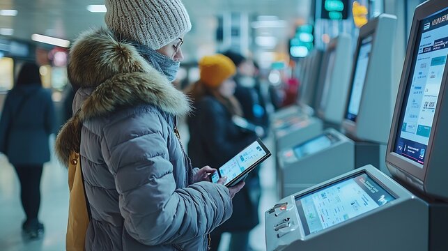 Adult Woman in Winter Clothing Using a Digital Self Service Kiosk in a Modern Financial Lobby