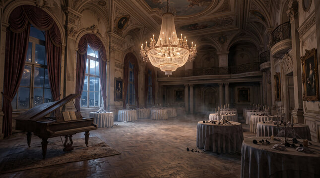 Abandoned hotel ballroom, halloween night