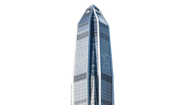 Modern glass skyscraper with sharp geometric peak, isolated on transparent background