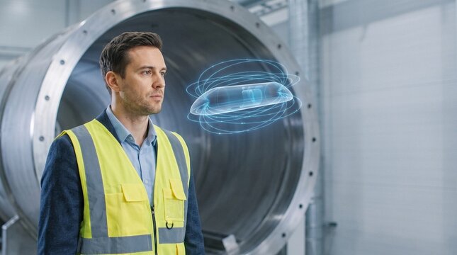 Engineer looking at a holographic maglev capsule model beside a steel hyperloop tube portal
