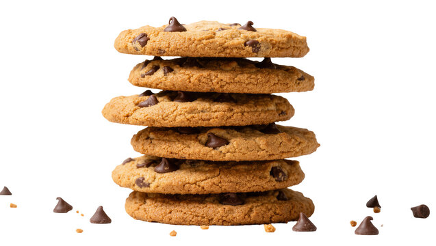 Stack of six homemade chocolate chip cookies, isolated on transparent background
