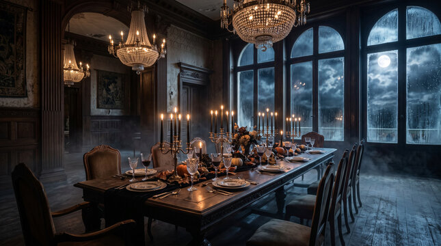 Abandoned hotel restaurant, halloween night